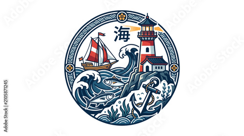 Nautical Emblem with Lighthouse and Sailing Ship