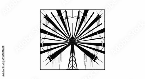 Abstract geometric pattern with radiating lines and a central tower structure