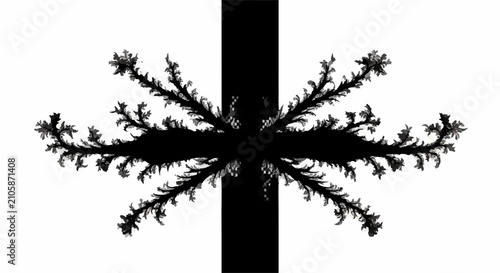 Symmetrical abstract black fractal pattern against a stark white background with a dark vertical line.