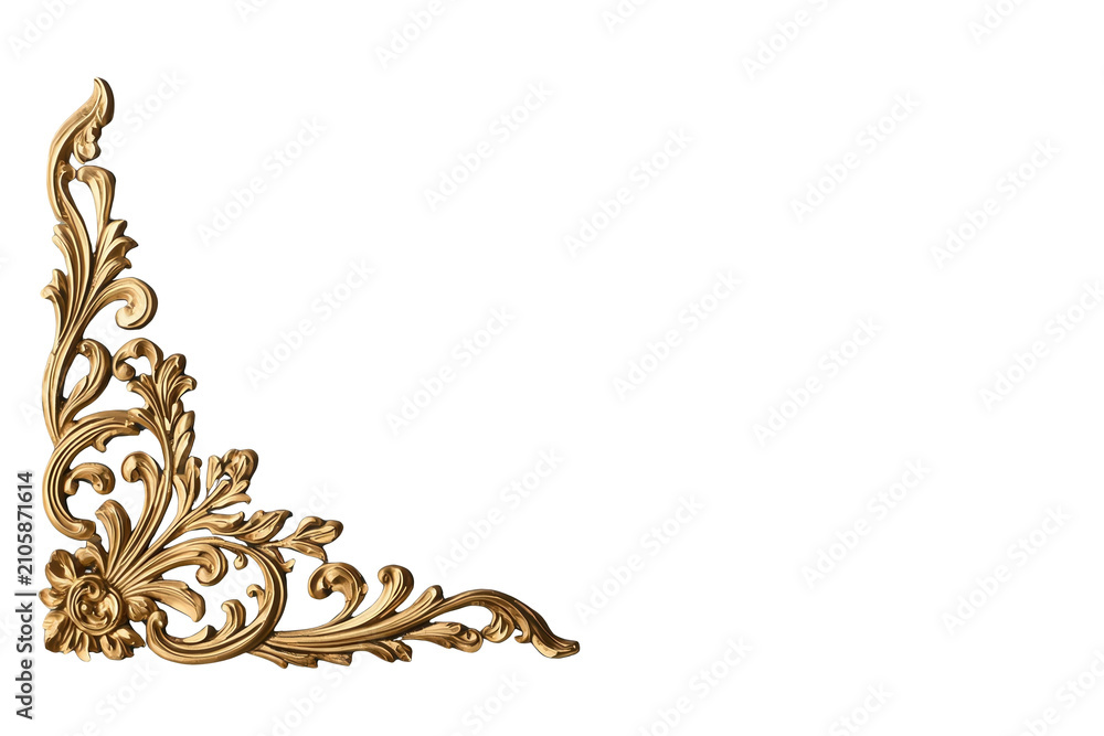 Fototapeta premium Golden ornate corner scrolling ornament with baroque rococo style, luxury decorative filigree flourish design element