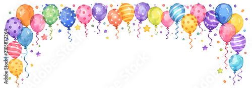 Fototapeta Watercolor Birthday Balloon Border Frame with Colorful Party Balloons, Confetti and Celebration Banner Background