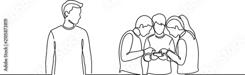 Quadro su tela A lonely person standing apart from a group of friends looking at a phone