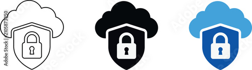 Cloud security icon set line solid and blue versions for digital safety
