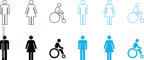 Accessibility icons set men women and wheelchair users in multiple colors