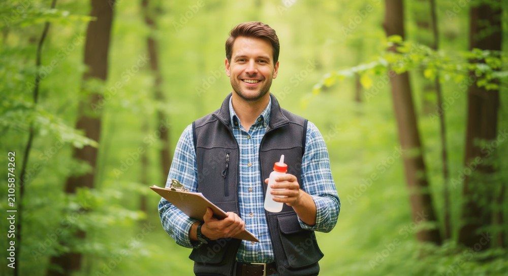 Fototapeta premium smiling male environmental scientist or forester holding a clipboard and sample bottle while standing in a lush green forest workshop