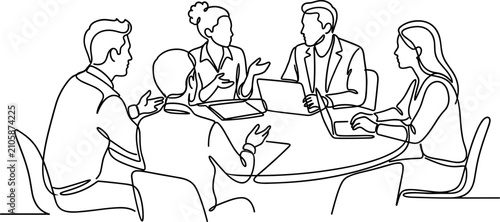 Continuous one line drawing of a diverse business team in a meeting.