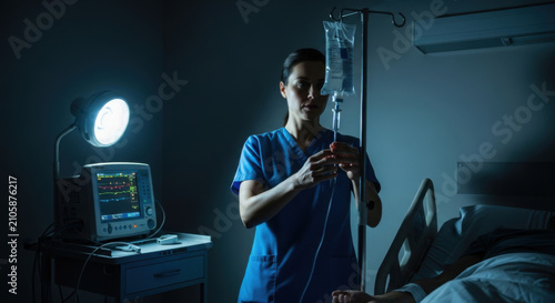 Caring Nurse Attends Patient In Dimly Lit Hospital Room