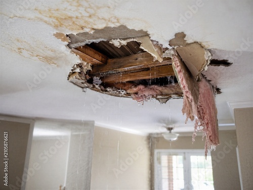 Water leaks through a collapsed ceiling with exposed wet insulation and timber, illustrating storm damage, home repair, restoration and insurance claim concepts.