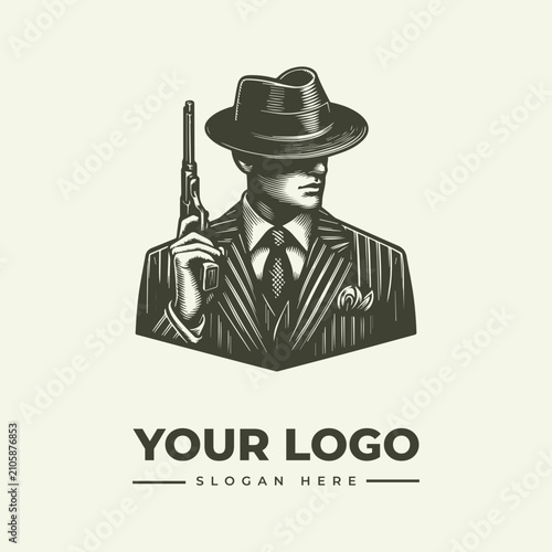 Vintage style illustration of a mysterious man in a suit wearing a fedora hat holding a revolver.