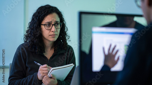 Worried woman taking notes during user interface test