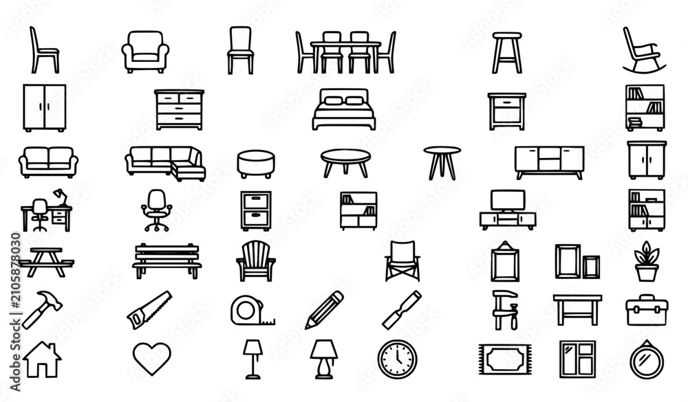 Fototapeta premium Wood Furniture Outline Icons Vector Collection