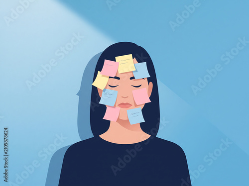 Exhausted Woman Covered With Sticky Notes Symbolizing Workplace Burnout