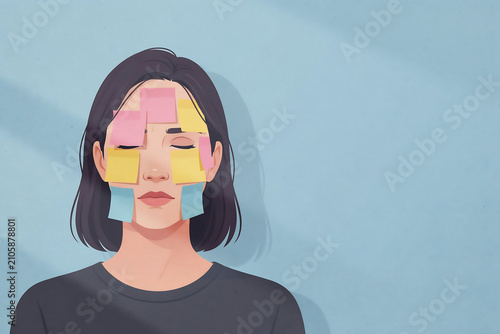 Exhausted Woman Covered With Sticky Notes Symbolizing Workplace Burnout
