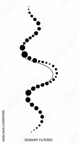 Abstract wavy line formed by varying size black dots on a white background, representing flow or data