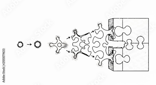 Interlocking abstract shapes forming a complex connection, illustrating growth and integration.