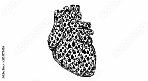 Black and white anatomical heart illustration with water drop pattern symbolizing emotion or health.