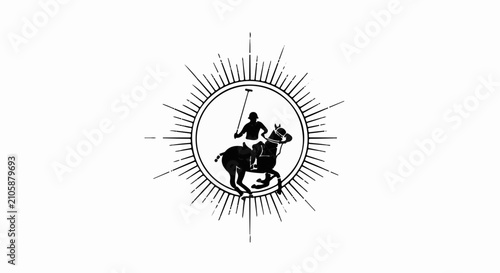 Silhouette of a polo player on horseback within a sunburst emblem