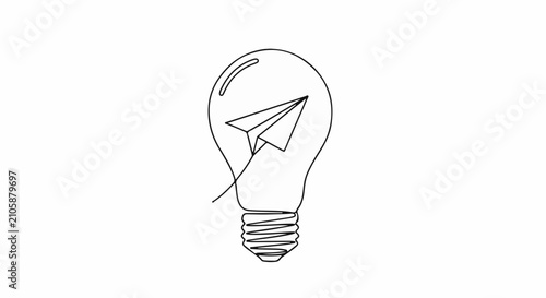 Paper airplane taking flight inside a light bulb, symbolizing inspiration and new ideas.