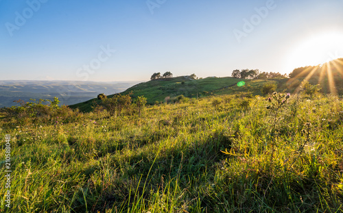 View of the mountains and Kislovodsk from the observation decks of the Kislovodsk Park. Evening sunset over the mountains of Kislovodsk.