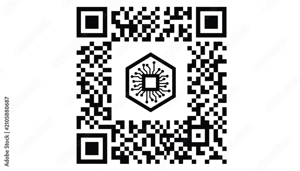 Fototapeta premium Digital qr code with a computer processor microchip icon in the center representing tech scan and security.
