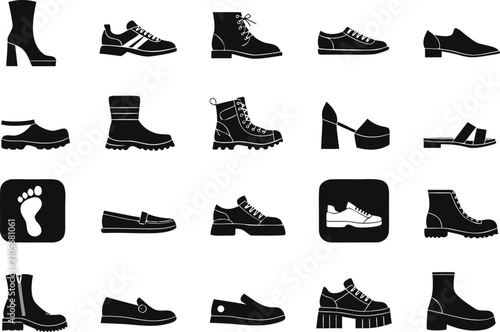 Black and white collection of various shoe types and styles