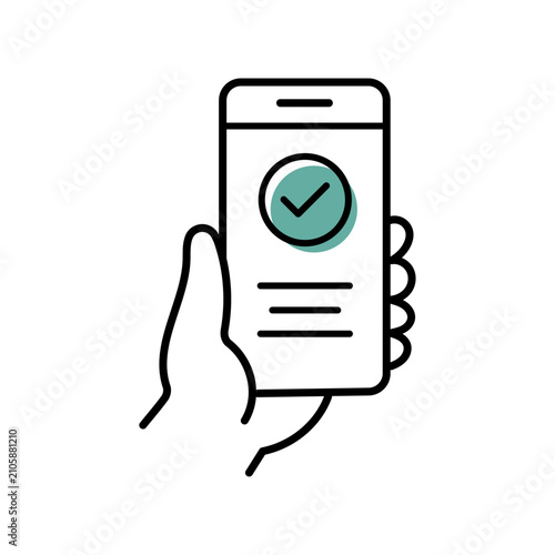 Pictogramme vectoriel d’une main tenant un smartphone avec coche de validation et lignes de texte. Illustration minimaliste pour confirmation mobile, formulaire, réservation ou accès numérique
