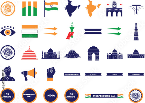 Vibrant India Independence Day icons and symbols in blue, orange, and green hues