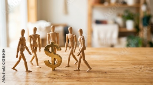 Wooden mannequin figures gather around a brass dollar sign on a table, symbolizing financial growth and investment opportunities.