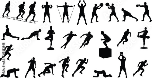 Bild auf Leinwand Fitness and athletic workout black silhouette icon collection featuring running