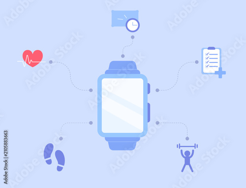 Smart watch illustration for healthy lifestyle. Electronic wristband with health application. Flat vector of fitness tracker device with heart rate monitor, step counter, sleeping tracker. 