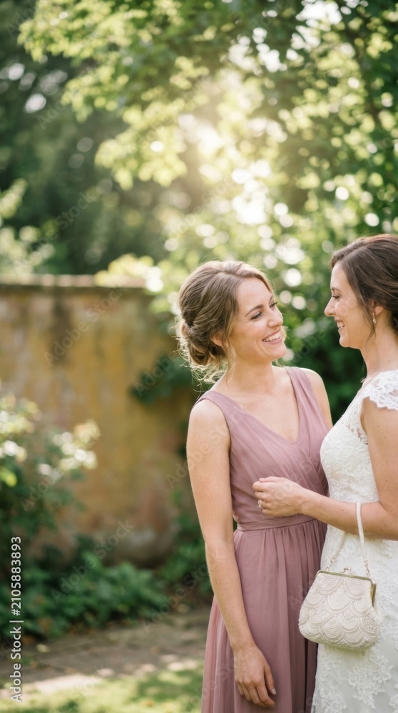 Fototapeta premium Bride and bridesmaid share a joyful moment during an intimate garden wedding, captured with soft natural light and bokeh