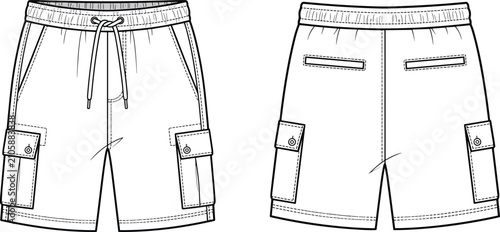 Photos Fashion flat sketch of cargo shorts with elastic drawstring waist and side pocke