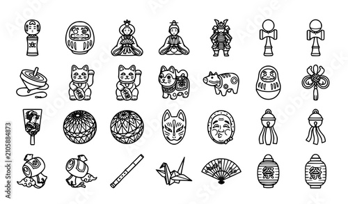 Obraz na plátně Japanese Folk Toys and Traditional Dolls Thin Line Icon Set with Kokeshi Daruma