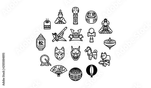 Obraz na płótnie Traditional Japanese Toy and Doll Outline Icons Collection with Folk Crafts Luck