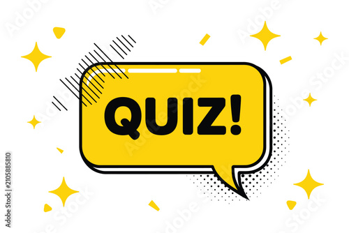 Quiz chat speech bubble vector illustration, yellow message box with question tag, 3D glare stars, and social media communication design for quizzes, polls, examinations, online learning, and interact
