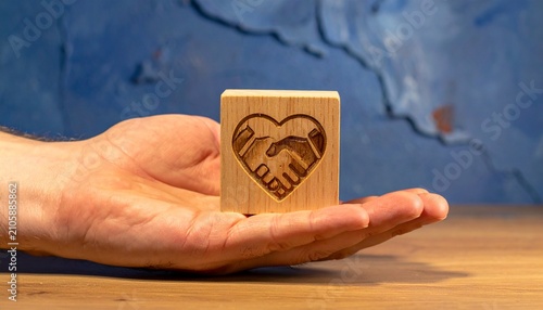 Hand Presenting Wooden Cube Engraved with Heart Handshake Icon Against Textured Blue Wall Background