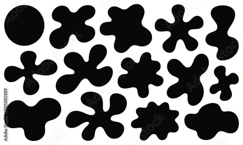Foto Playful black organic blob shapes and liquid splats floating in flat lighting on a clean white background for modern art