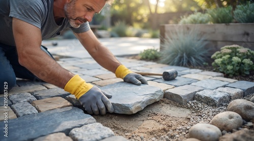 Landscaper laying grey block pavers for patio