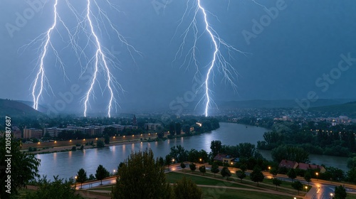 Dramatic lightning storm over river valley town at dusk with multiple lightning bolts striking the cityscape