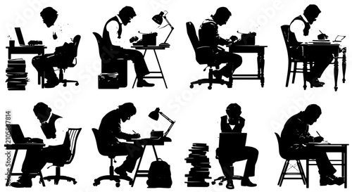 Cuadro en lienzo Silhouette Figures Writing and Typing, Vintage Desk Setups, Classic Office Scene
