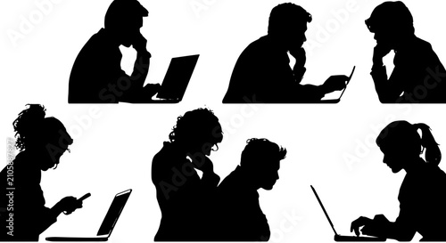 Diverse Silhouette People Working on Laptops and Phones, Business Professionals Focused, Digital Communication Icons, Modern Office Collaboration Graphics