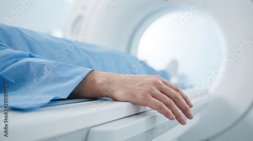 A patient lying on a CT scanner bed during a tomography medical test.