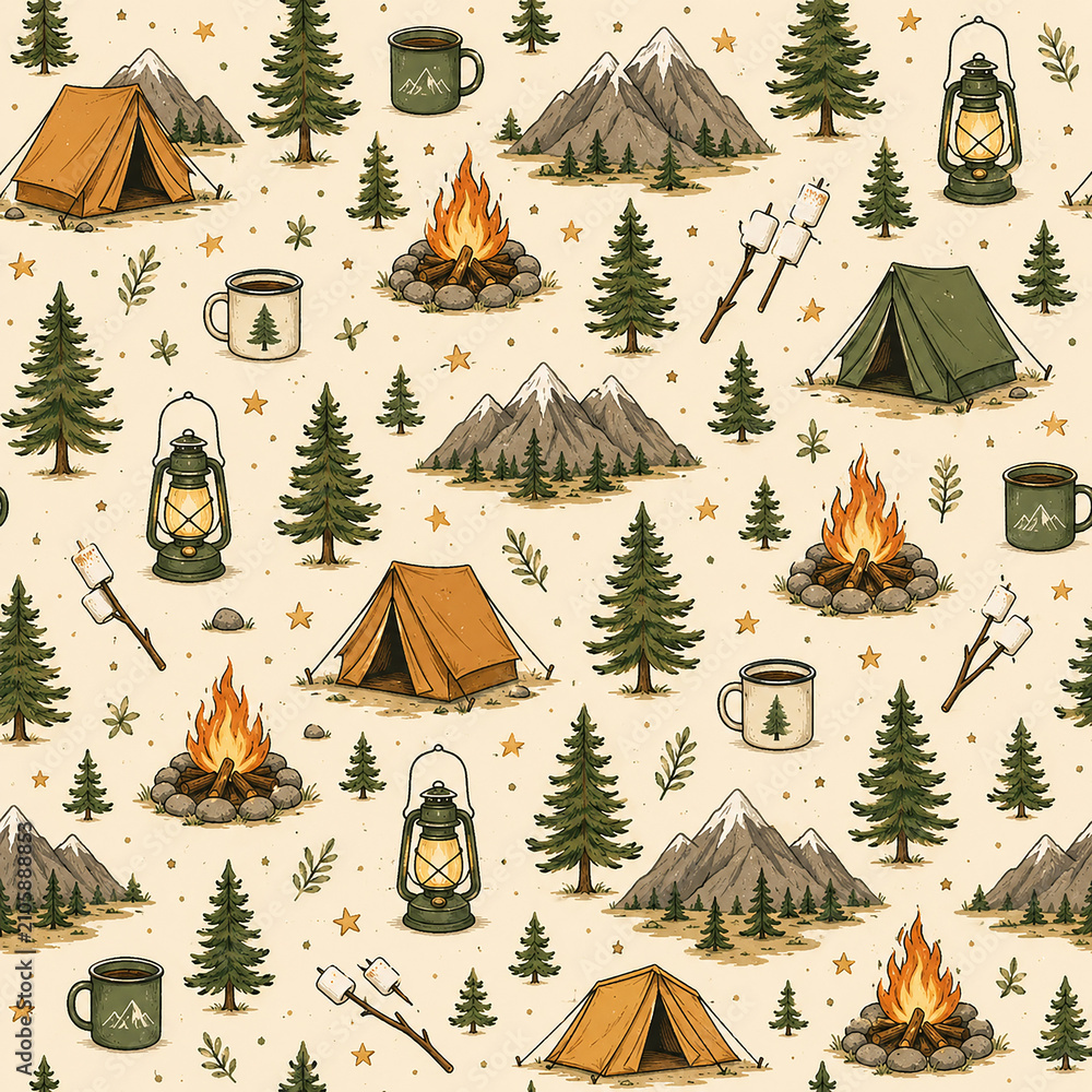 Camping adventure pattern with tents pine trees mountains campfires lanterns and toasted marshmallows on rustic natural beige background for outdoor fans.