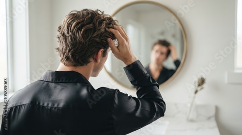 A young man touching his hair while looking into a blurred bathroom mirror.