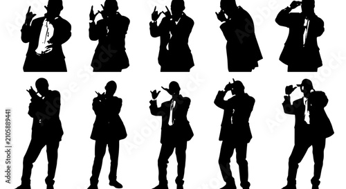 Silhouette Collection: 10 Dapper Men Posing with Handguns, Business Style Vector Icons for Spy, Agent, or Detective Themes
