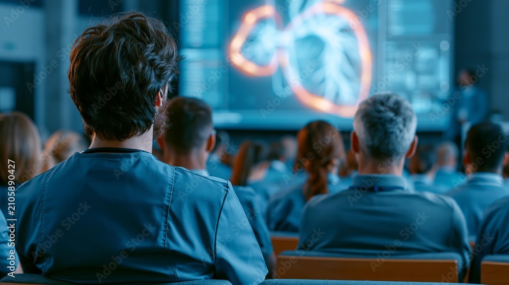 Obraz premium Medical professionals attending a lecture on cardiology with a heart diagram on screen