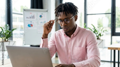 A focused young African American man working on a laptop in a modern workspace.
