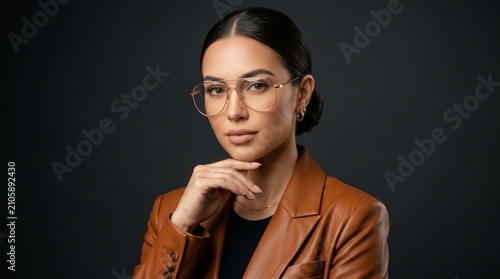 A stylish young woman wearing a brown leather coat and glasses poses gracefully in a studio setting.