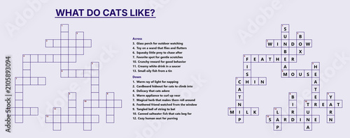 Bild auf Leinwand Cat crossword puzzle with answers on light purple background