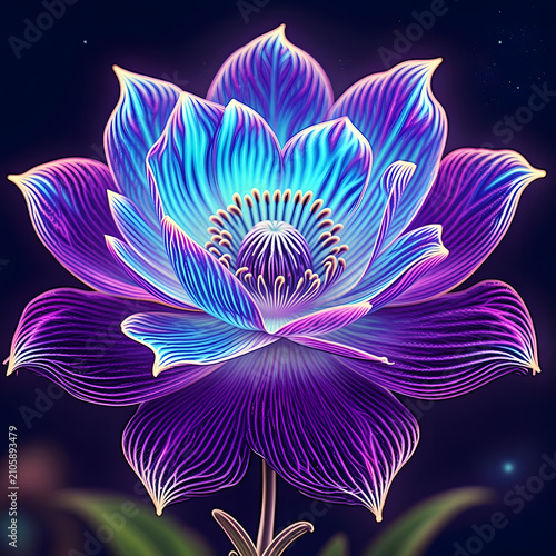 Glowing digital lotus flower with vibrant purple and blue luminous petals on dark background
